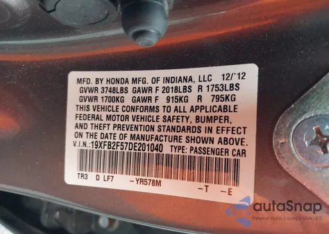 2013 Honda Civic Lx z USA, uszkodzony, nr VIN 19XFB2F57DE201040